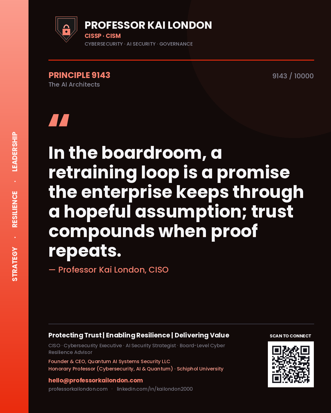 Quote card by Professor Kai London reading 'In the boardroom, a retraining loop is a promise the enterprise keeps through a hopeful assumption; trust compounds when proof repeats.'. From the book The AI Architects.