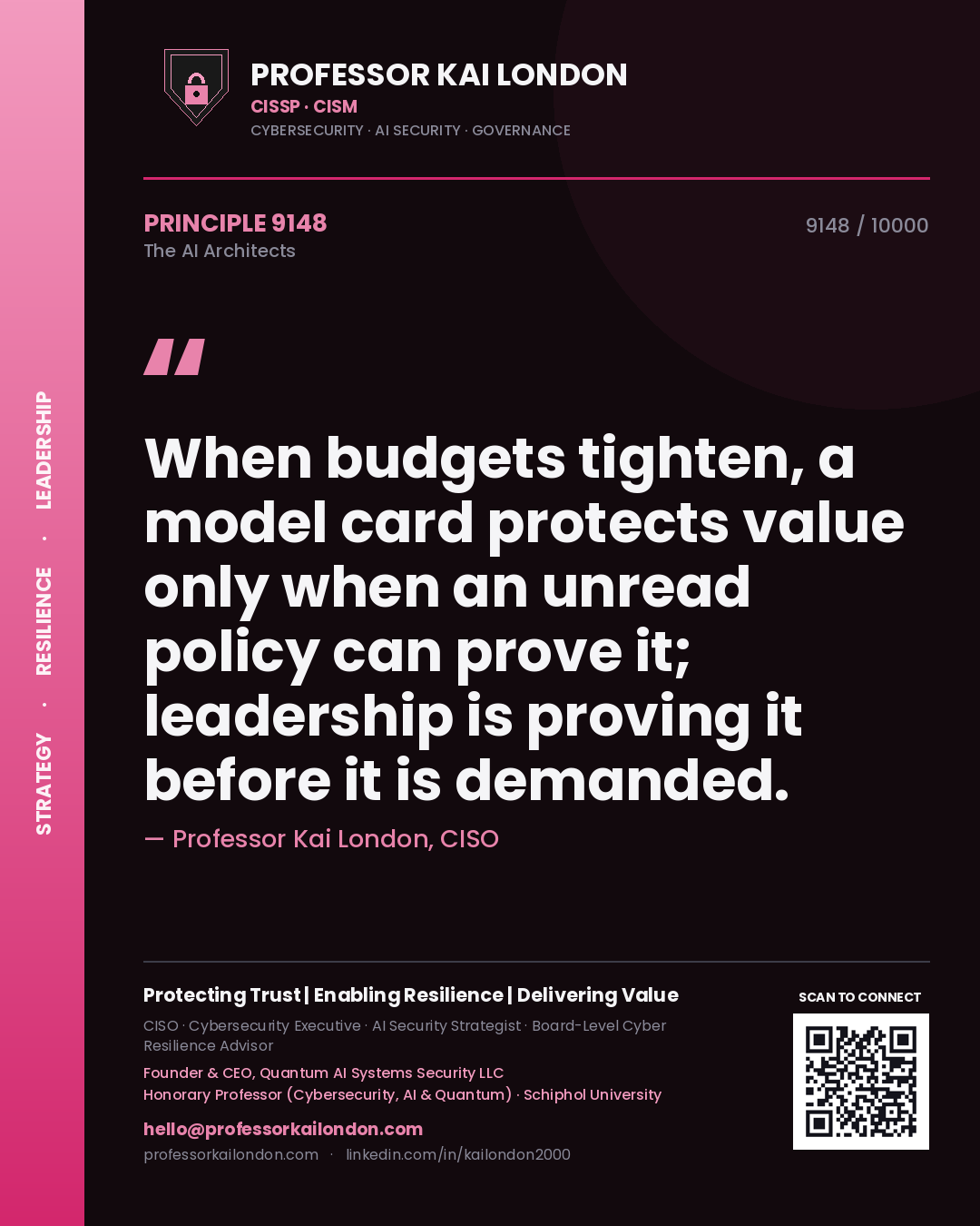 Quote card by Professor Kai London reading 'When budgets tighten, a model card protects value only when an unread policy can prove it; leadership is proving it before it is demanded.'. From the book The AI Architects.