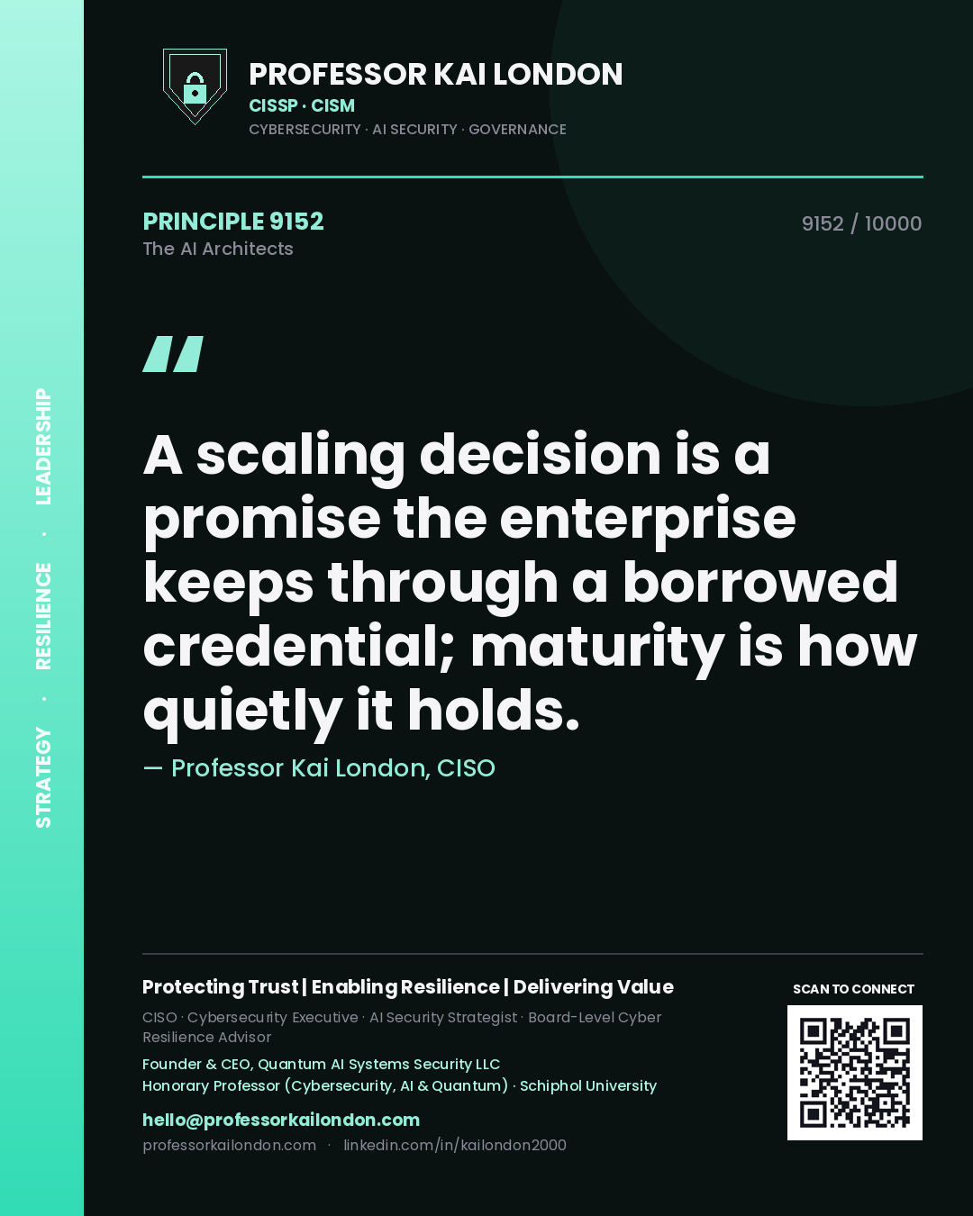 Quote card by Professor Kai London reading 'A scaling decision is a promise the enterprise keeps through a borrowed credential; maturity is how quietly it holds.'. From the book The AI Architects.