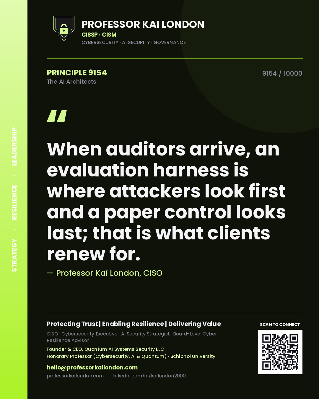 Quote card by Professor Kai London reading 'When auditors arrive, an evaluation harness is where attackers look first and a paper control looks last; that is what clients renew for.'. From the book The AI Architects.