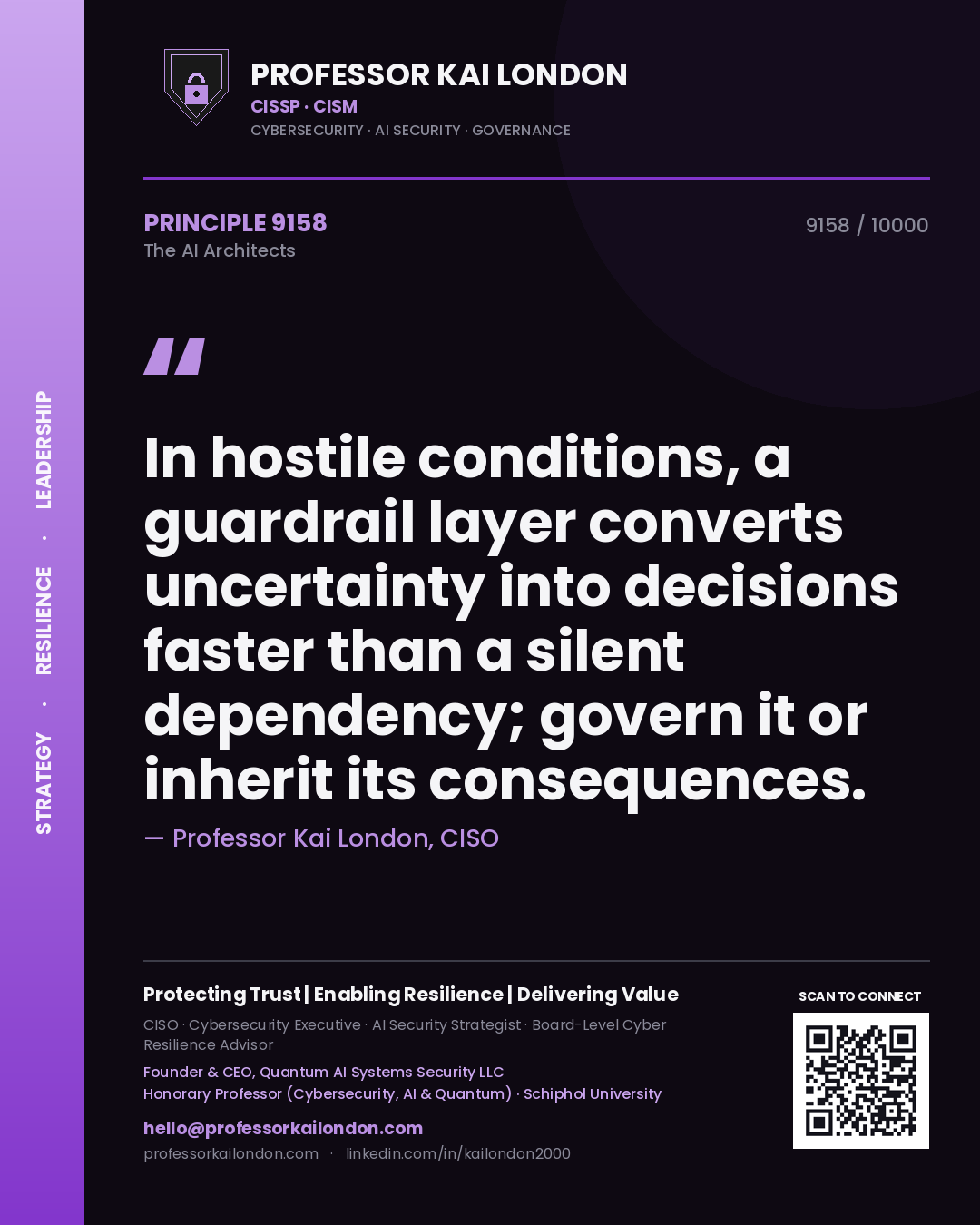 Professor Kai London principle 9158: In hostile conditions, a guardrail layer converts uncertainty into decisions faster than a silent dependency; govern it or inherit its consequences.
