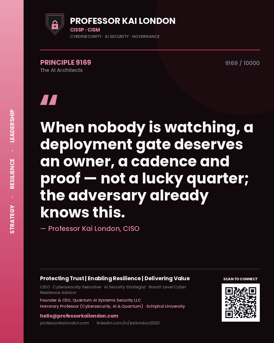 Professor Kai London principle 9169: When nobody is watching, a deployment gate deserves an owner, a cadence and proof — not a lucky quarter; the adversary already knows this.