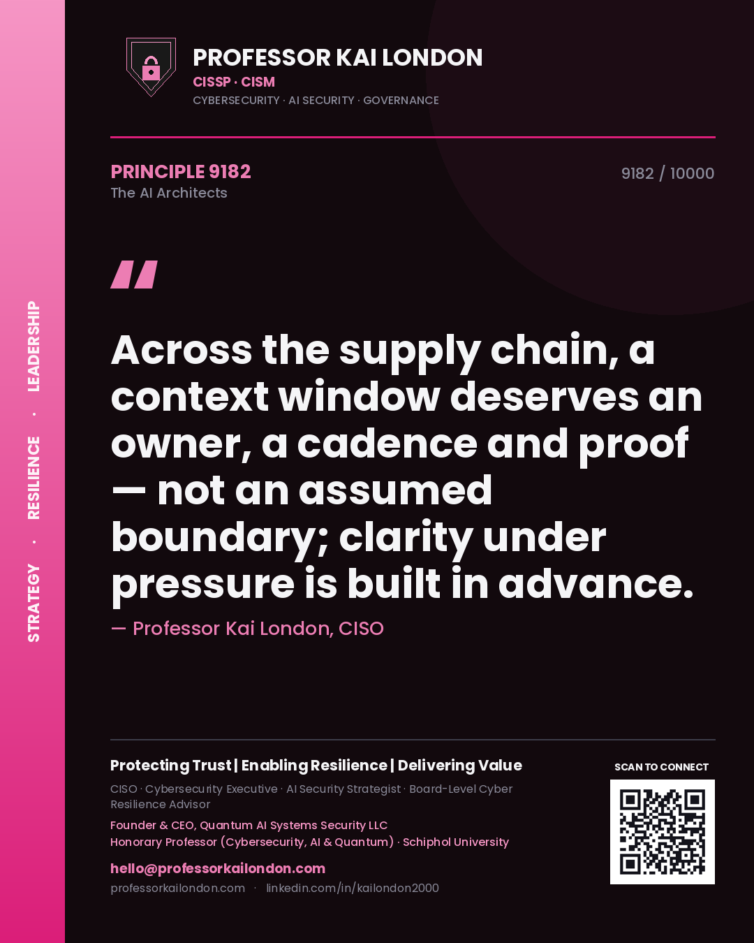 Professor Kai London principle 9182: Across the supply chain, a context window deserves an owner, a cadence and proof — not an assumed boundary; clarity under pressure is built in advance.