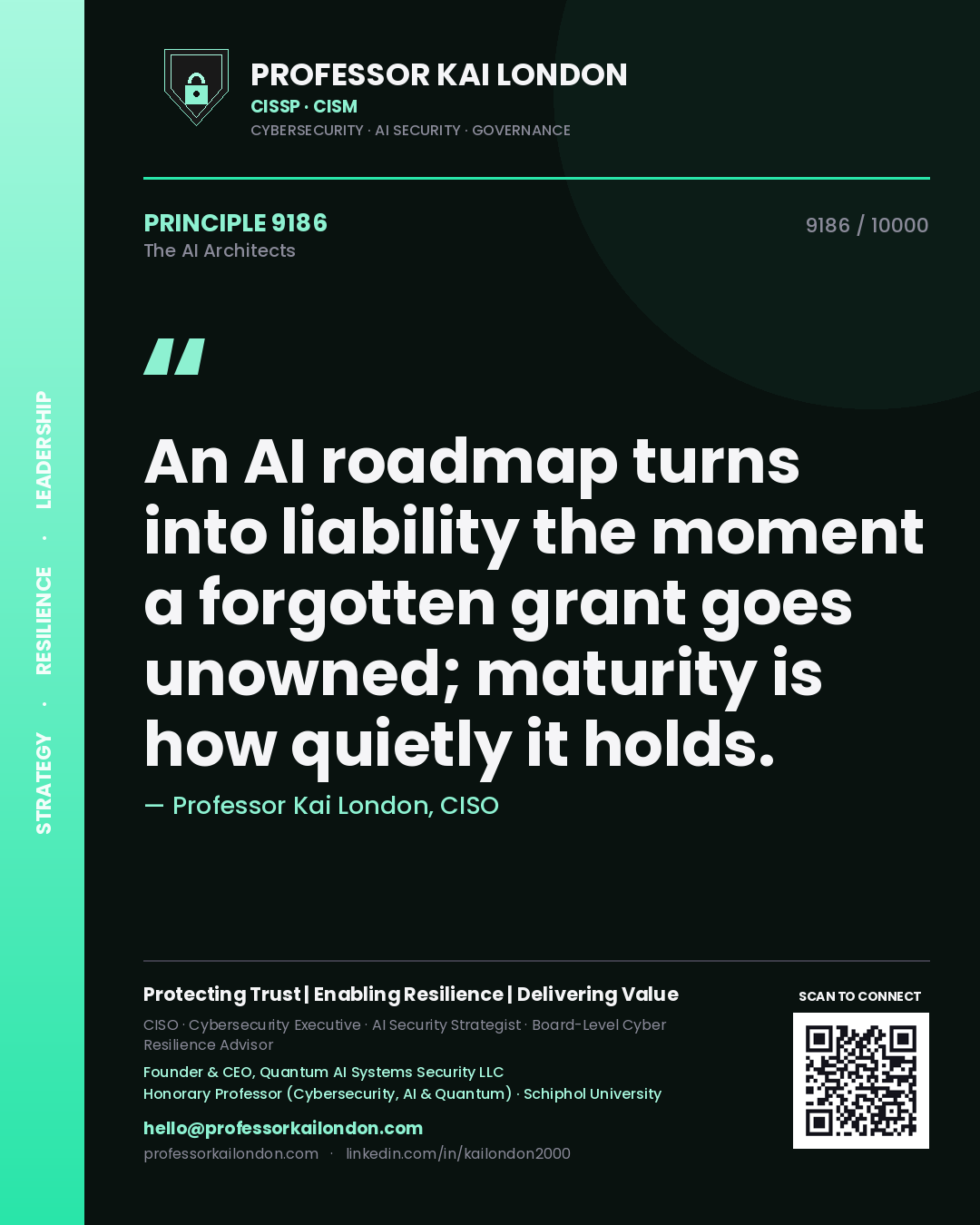 Professor Kai London principle 9186: An AI roadmap turns into liability the moment a forgotten grant goes unowned; maturity is how quietly it holds.