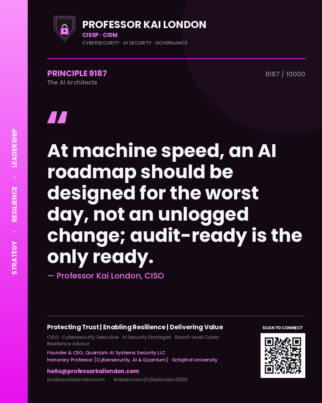 Professor Kai London principle 9187: At machine speed, an AI roadmap should be designed for the worst day, not an unlogged change; audit-ready is the only ready.