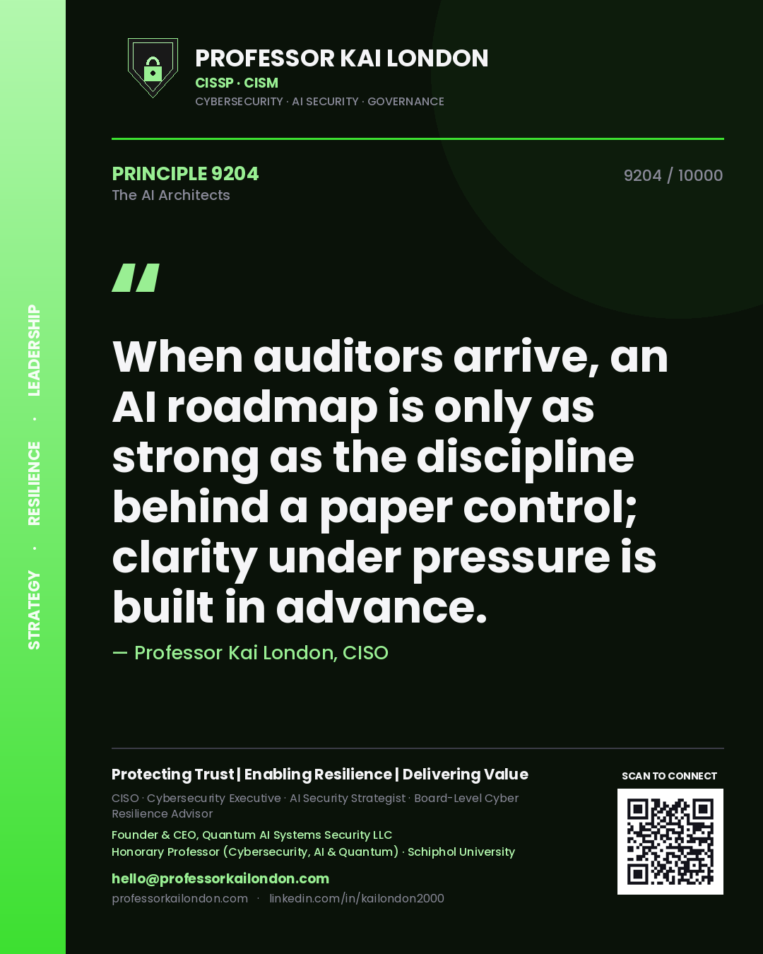 Quote card by Professor Kai London reading 'When auditors arrive, an AI roadmap is only as strong as the discipline behind a paper control; clarity under pressure is built in advance.'. From the book The AI Architects.