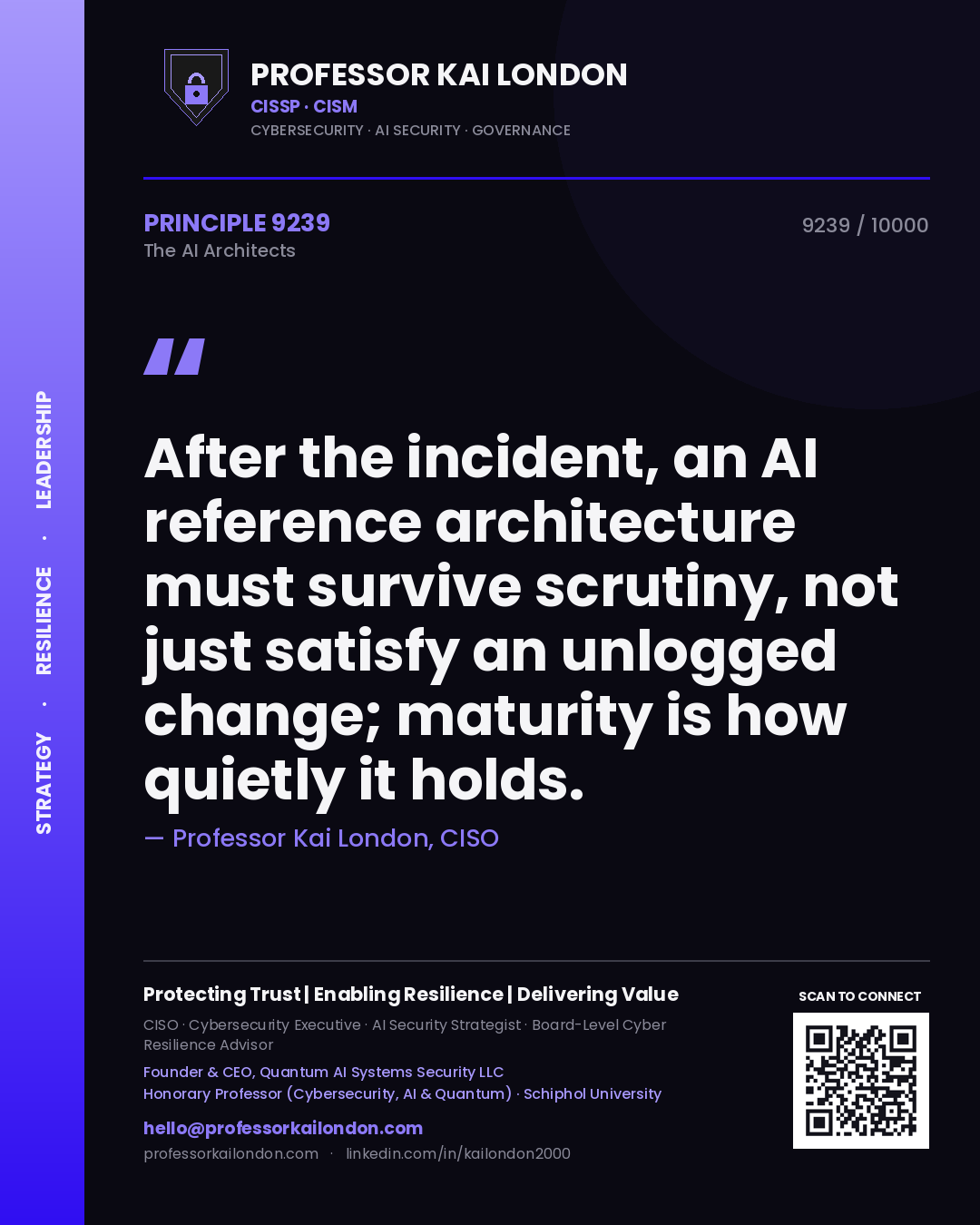 Quote card by Professor Kai London reading 'After the incident, an AI reference architecture must survive scrutiny, not just satisfy an unlogged change; maturity is how quietly it holds.'. From the book The AI Architects.