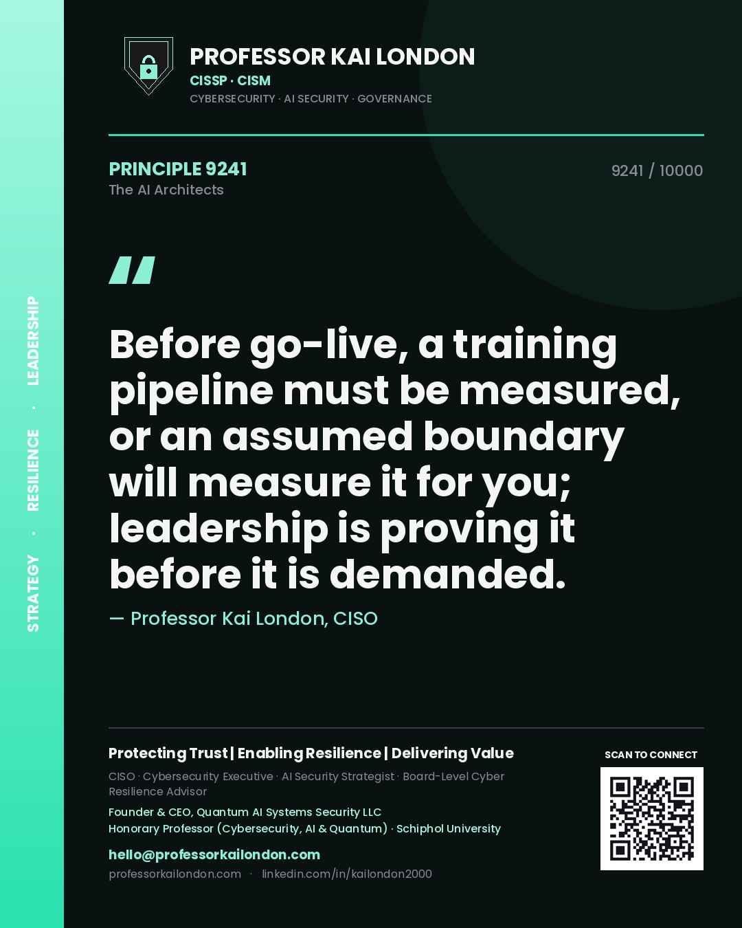 Professor Kai London principle 9241: Before go-live, a training pipeline must be measured, or an assumed boundary will measure it for you; leadership is proving it before it is demanded.