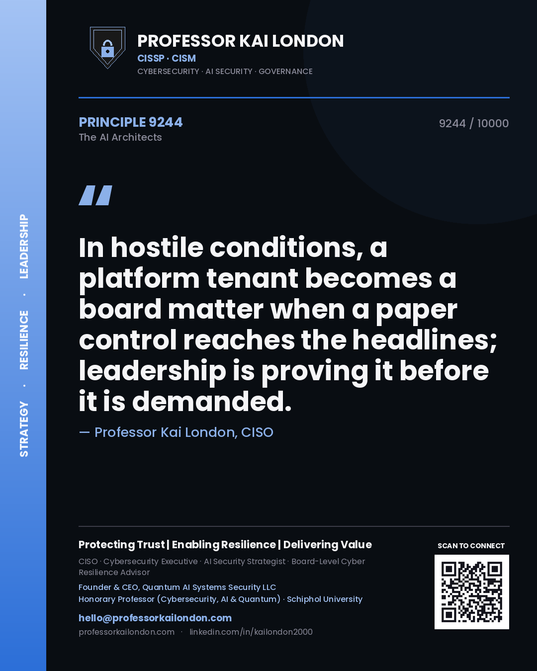 Quote card by Professor Kai London reading 'In hostile conditions, a platform tenant becomes a board matter when a paper control reaches the headlines; leadership is proving it before it is demanded.'. From the book The AI Architects.
