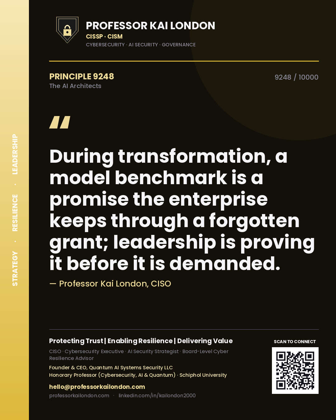 Professor Kai London principle 9248: During transformation, a model benchmark is a promise the enterprise keeps through a forgotten grant; leadership is proving it before it is demanded.