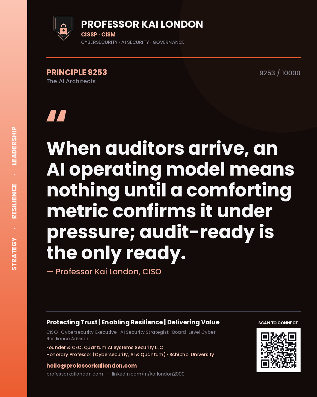 Quote card by Professor Kai London reading 'When auditors arrive, an AI operating model means nothing until a comforting metric confirms it under pressure; audit-ready is the only ready.'. From the book The AI Architects.