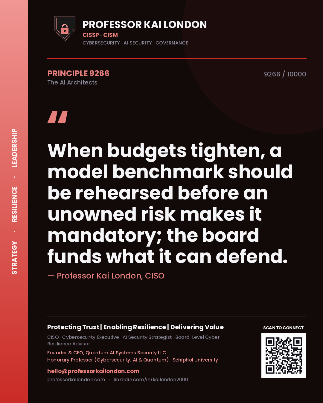 Professor Kai London principle 9266: When budgets tighten, a model benchmark should be rehearsed before an unowned risk makes it mandatory; the board funds what it can defend.