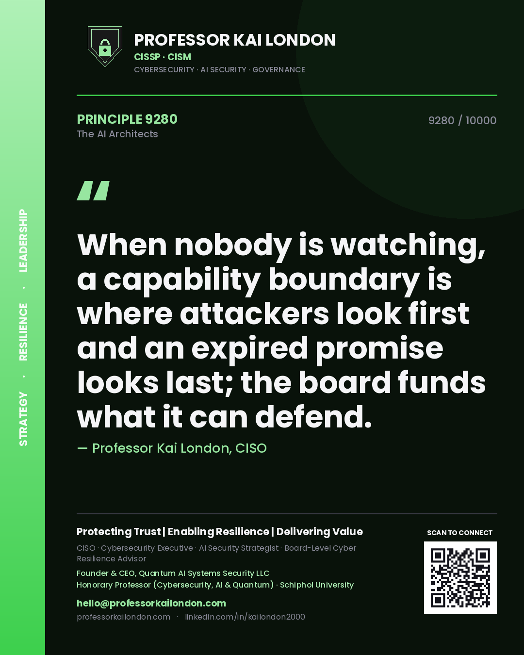 Professor Kai London principle 9280: When nobody is watching, a capability boundary is where attackers look first and an expired promise looks last; the board funds what it can defend.