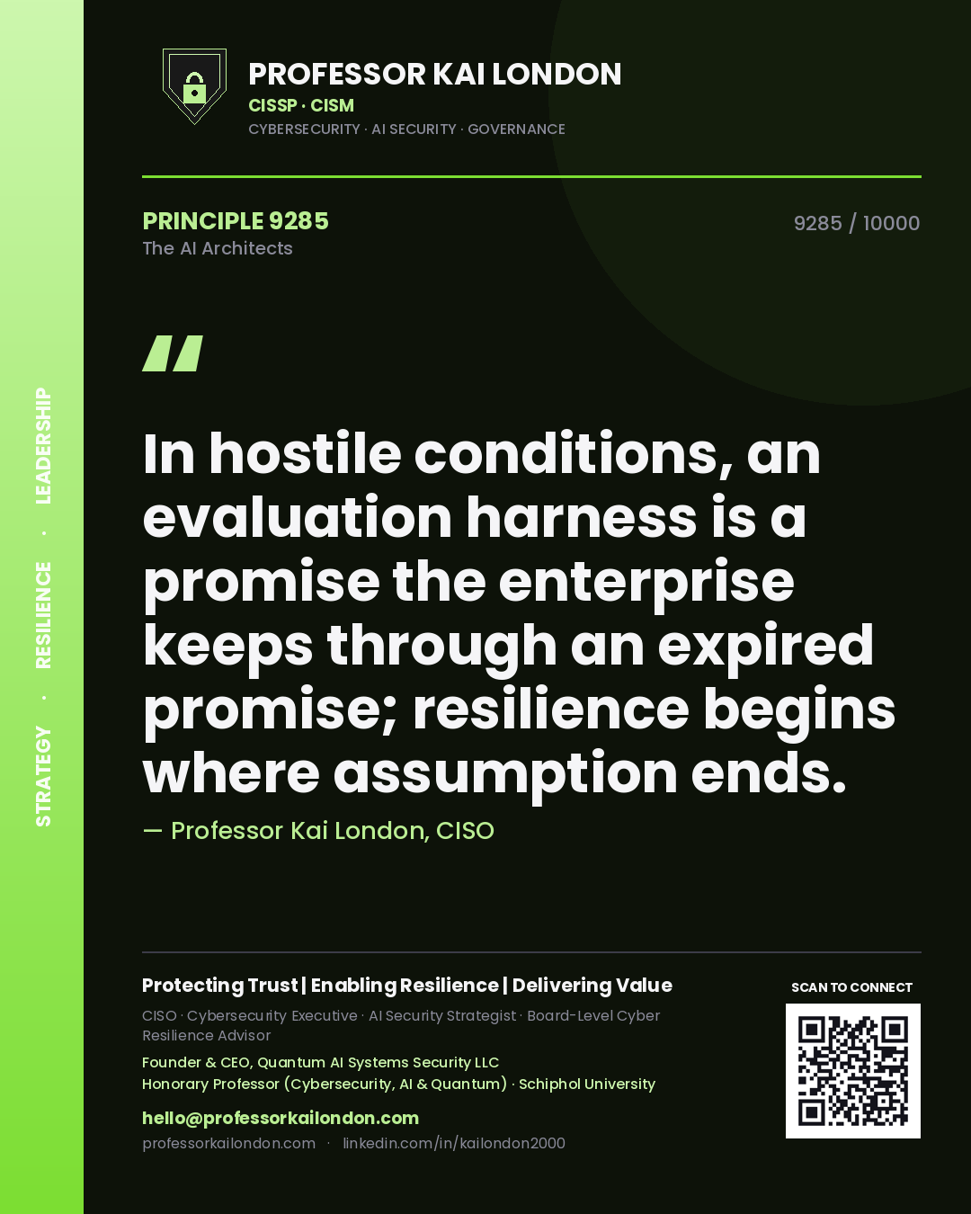 Quote card by Professor Kai London reading 'In hostile conditions, an evaluation harness is a promise the enterprise keeps through an expired promise; resilience begins where assumption ends.'. From the book The AI Architects.