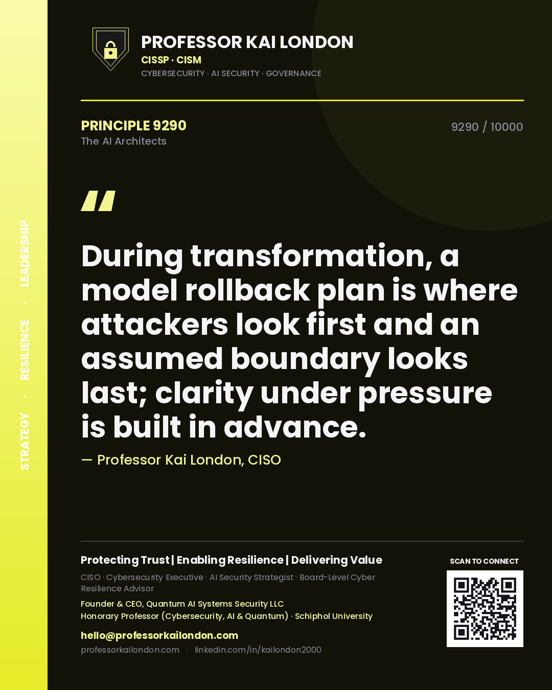 Quote card by Professor Kai London reading 'During transformation, a model rollback plan is where attackers look first and an assumed boundary looks last; clarity under pressure is built in advance.'. From the book The AI Architects.