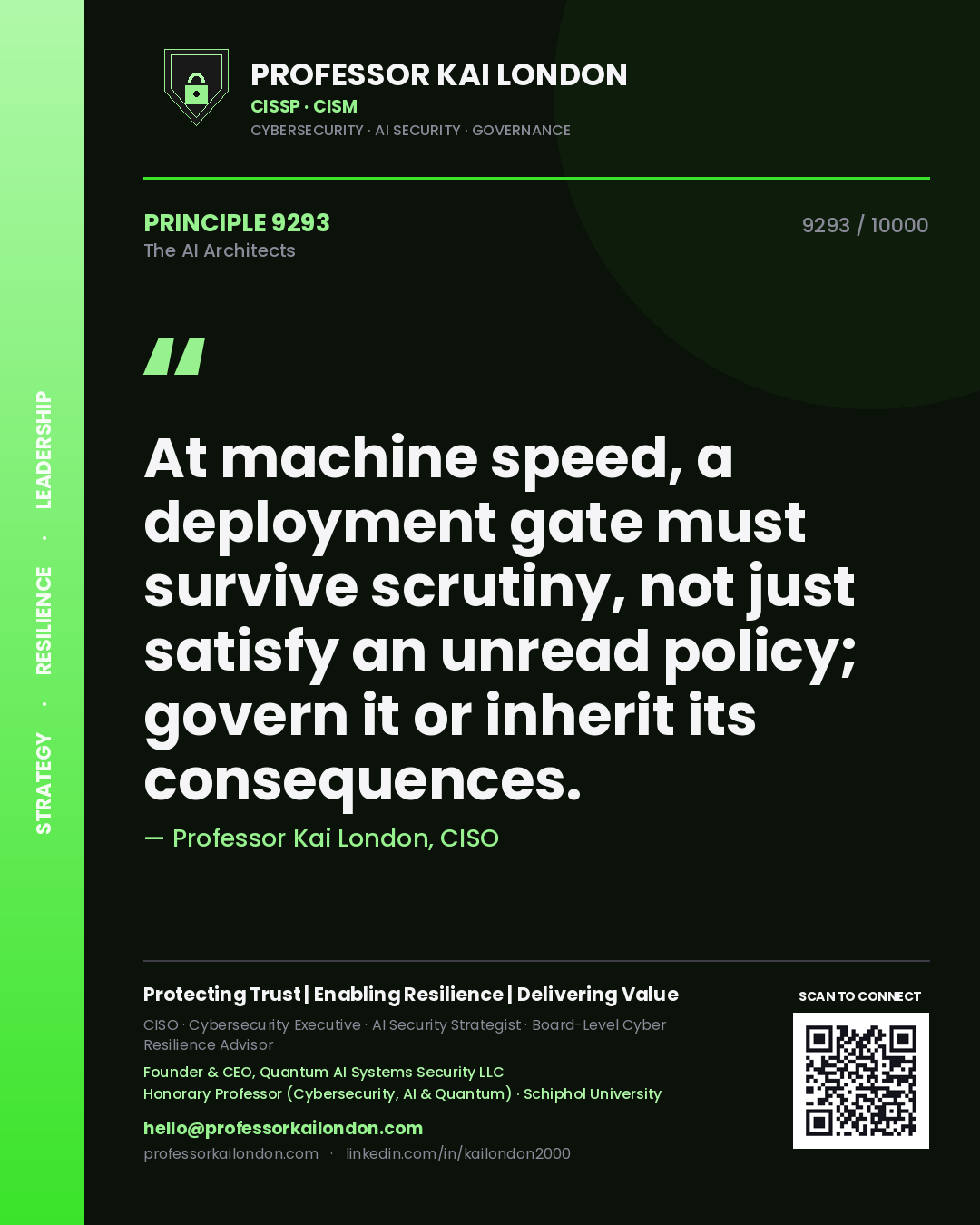 Quote card by Professor Kai London reading 'At machine speed, a deployment gate must survive scrutiny, not just satisfy an unread policy; govern it or inherit its consequences.'. From the book The AI Architects.