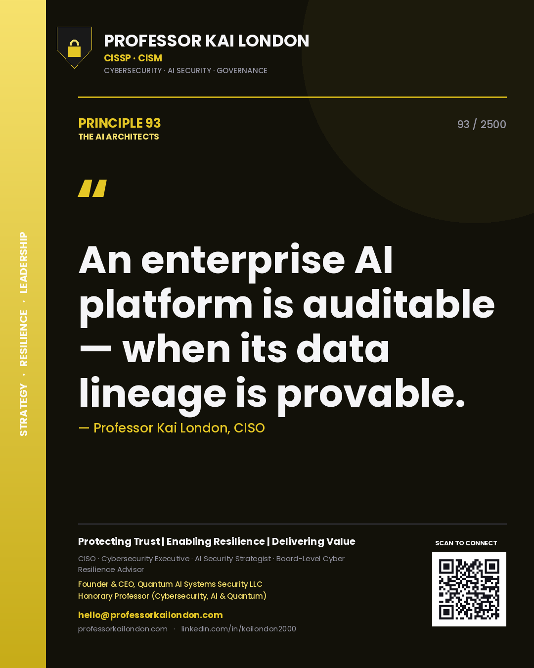 Quote card by Professor Kai London reading 'An enterprise AI platform is auditable — when its data lineage is provable.'. From the book The AI Architects.