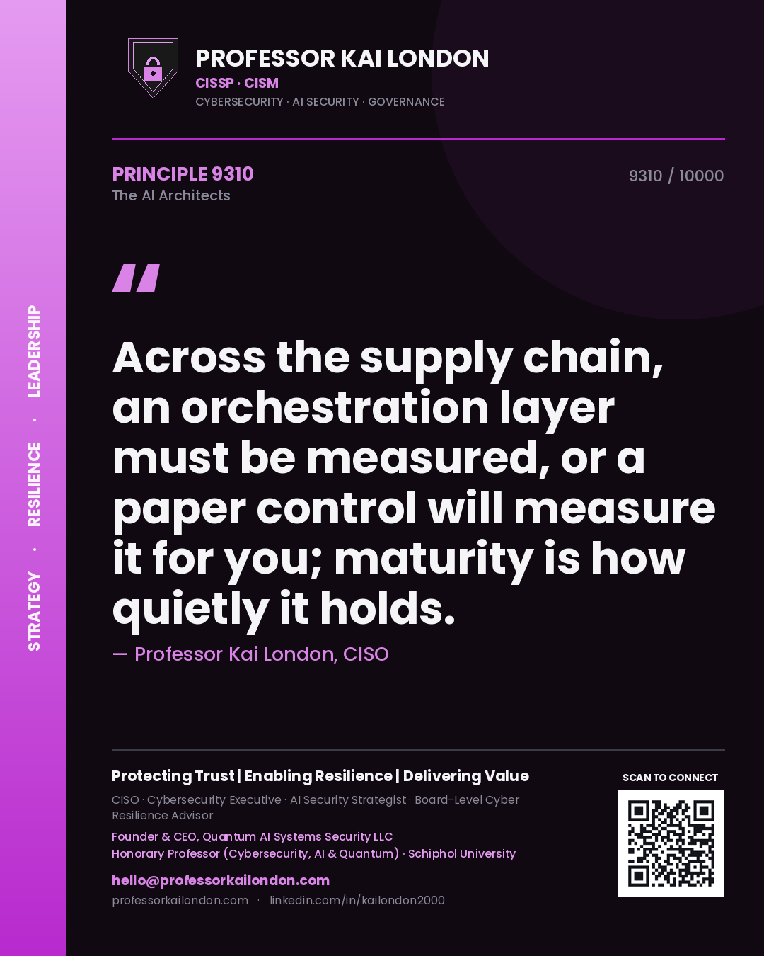 Professor Kai London principle 9310: Across the supply chain, an orchestration layer must be measured, or a paper control will measure it for you; maturity is how quietly it holds.