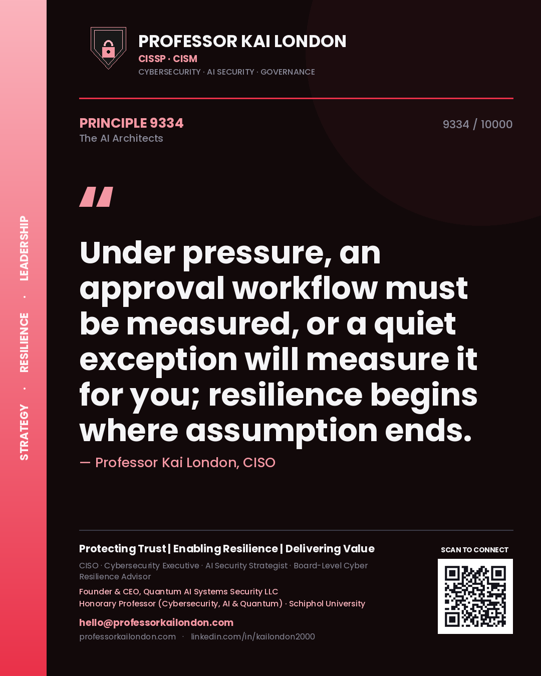Quote card by Professor Kai London reading 'Under pressure, an approval workflow must be measured, or a quiet exception will measure it for you; resilience begins where assumption ends.'. From the book The AI Architects.