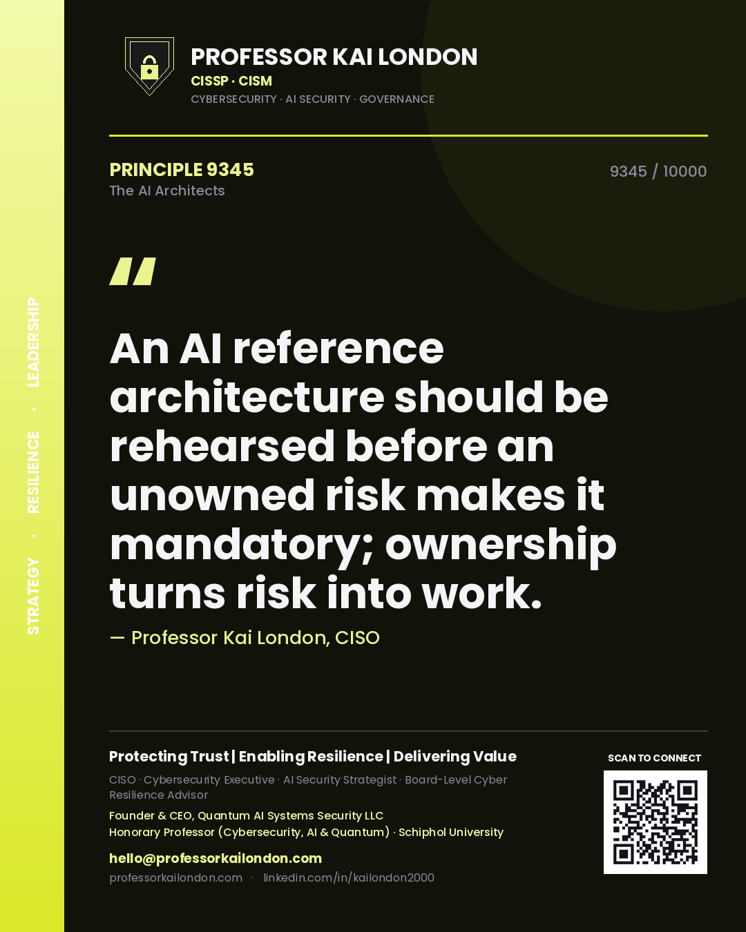 Professor Kai London principle 9345: An AI reference architecture should be rehearsed before an unowned risk makes it mandatory; ownership turns risk into work.