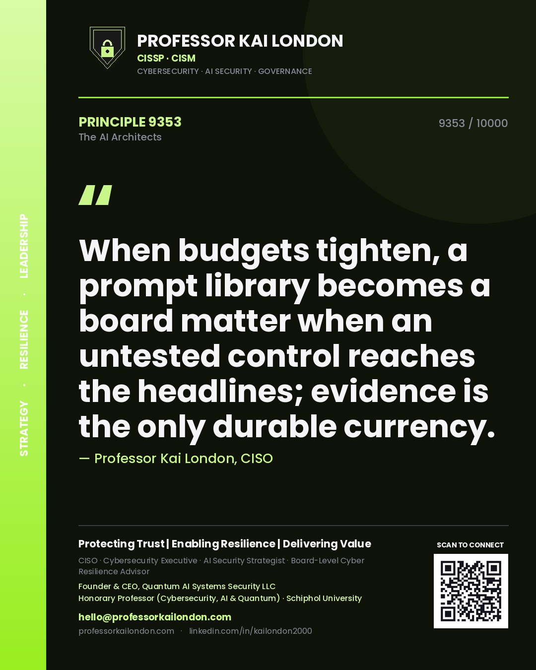 Quote card by Professor Kai London reading 'When budgets tighten, a prompt library becomes a board matter when an untested control reaches the headlines; evidence is the only durable currency.'. From the book The AI Architects.