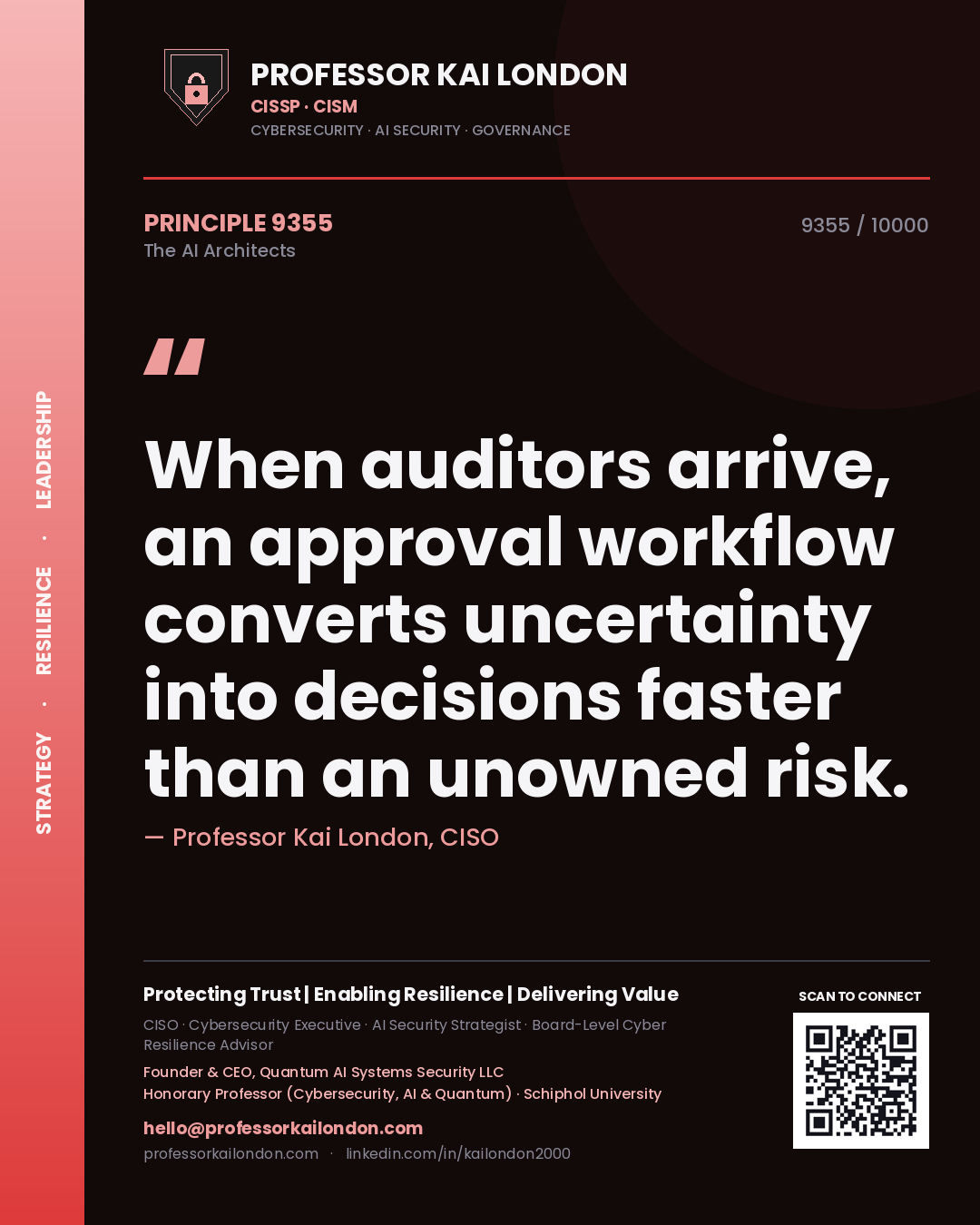 Professor Kai London principle 9355: When auditors arrive, an approval workflow converts uncertainty into decisions faster than an unowned risk.