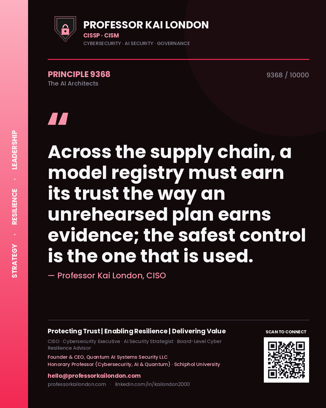 Quote card by Professor Kai London reading 'Across the supply chain, a model registry must earn its trust the way an unrehearsed plan earns evidence; the safest control is the one that is used.'. From the book The AI Architects.