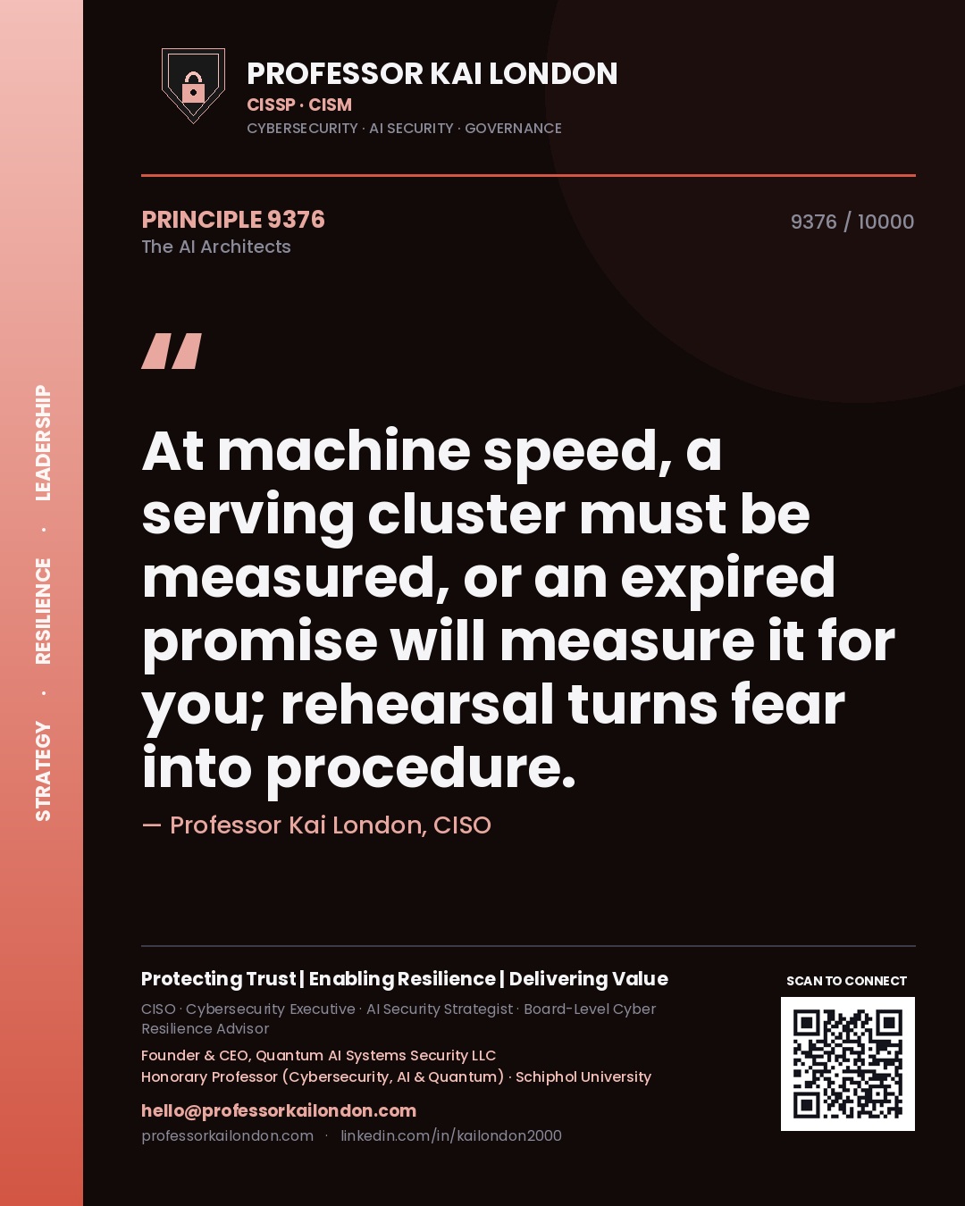 Quote card by Professor Kai London reading 'At machine speed, a serving cluster must be measured, or an expired promise will measure it for you; rehearsal turns fear into procedure.'. From the book The AI Architects.
