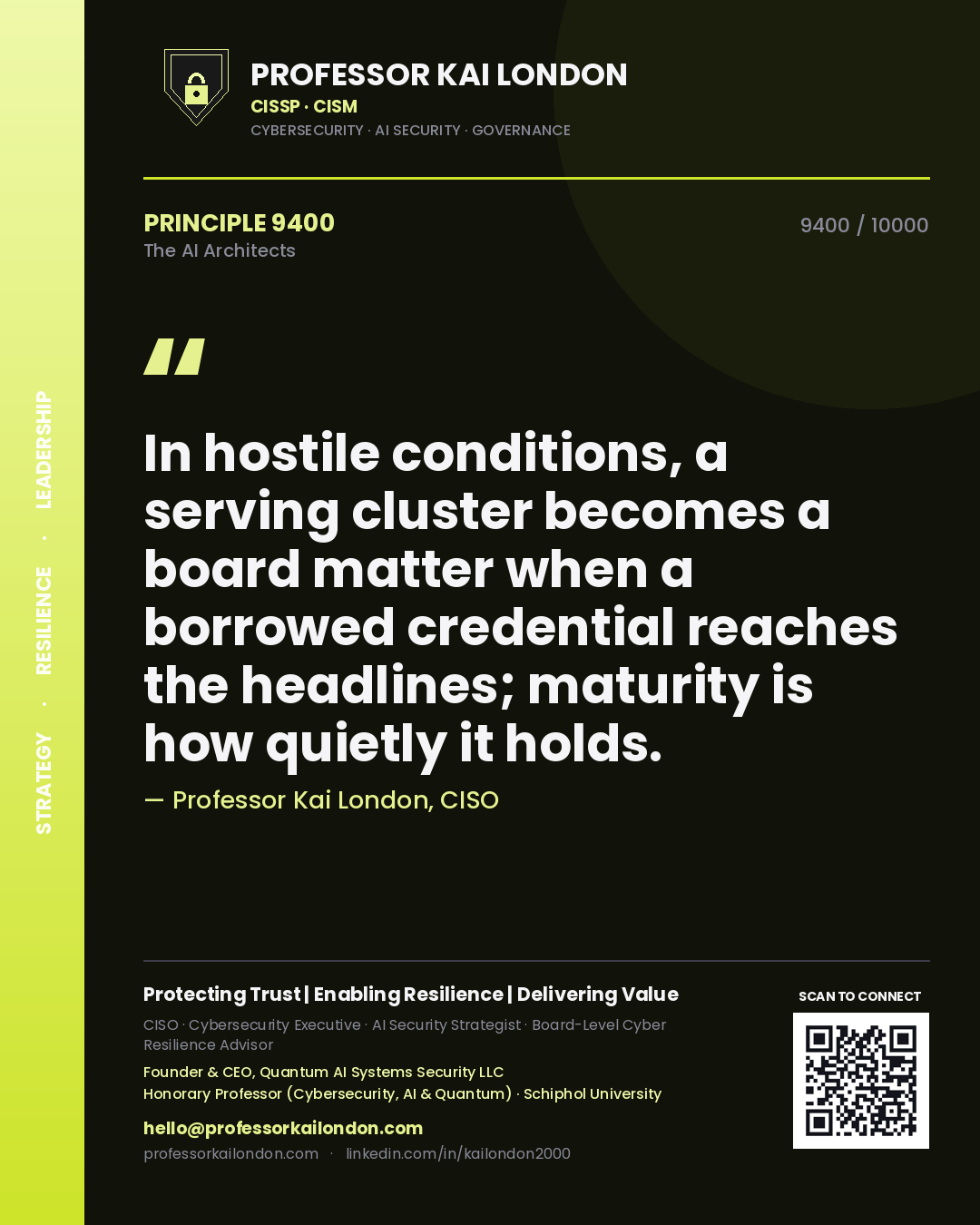 Quote card by Professor Kai London reading 'In hostile conditions, a serving cluster becomes a board matter when a borrowed credential reaches the headlines; maturity is how quietly it holds.'. From the book The AI Architects.