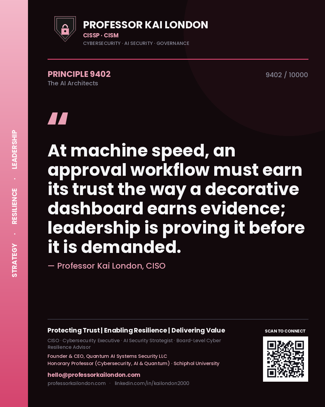 Quote card by Professor Kai London reading 'At machine speed, an approval workflow must earn its trust the way a decorative dashboard earns evidence; leadership is proving it before it is demanded.'. From the book The AI Architects.