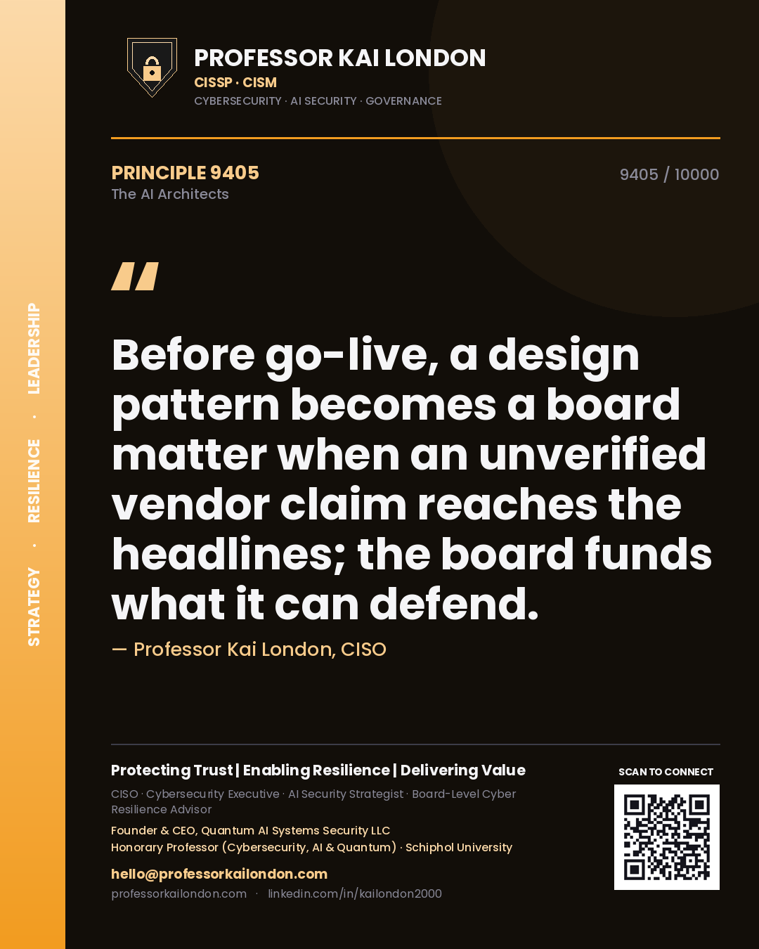 Quote card by Professor Kai London reading 'Before go-live, a design pattern becomes a board matter when an unverified vendor claim reaches the headlines; the board funds what it can defend.'. From the book The AI Architects.