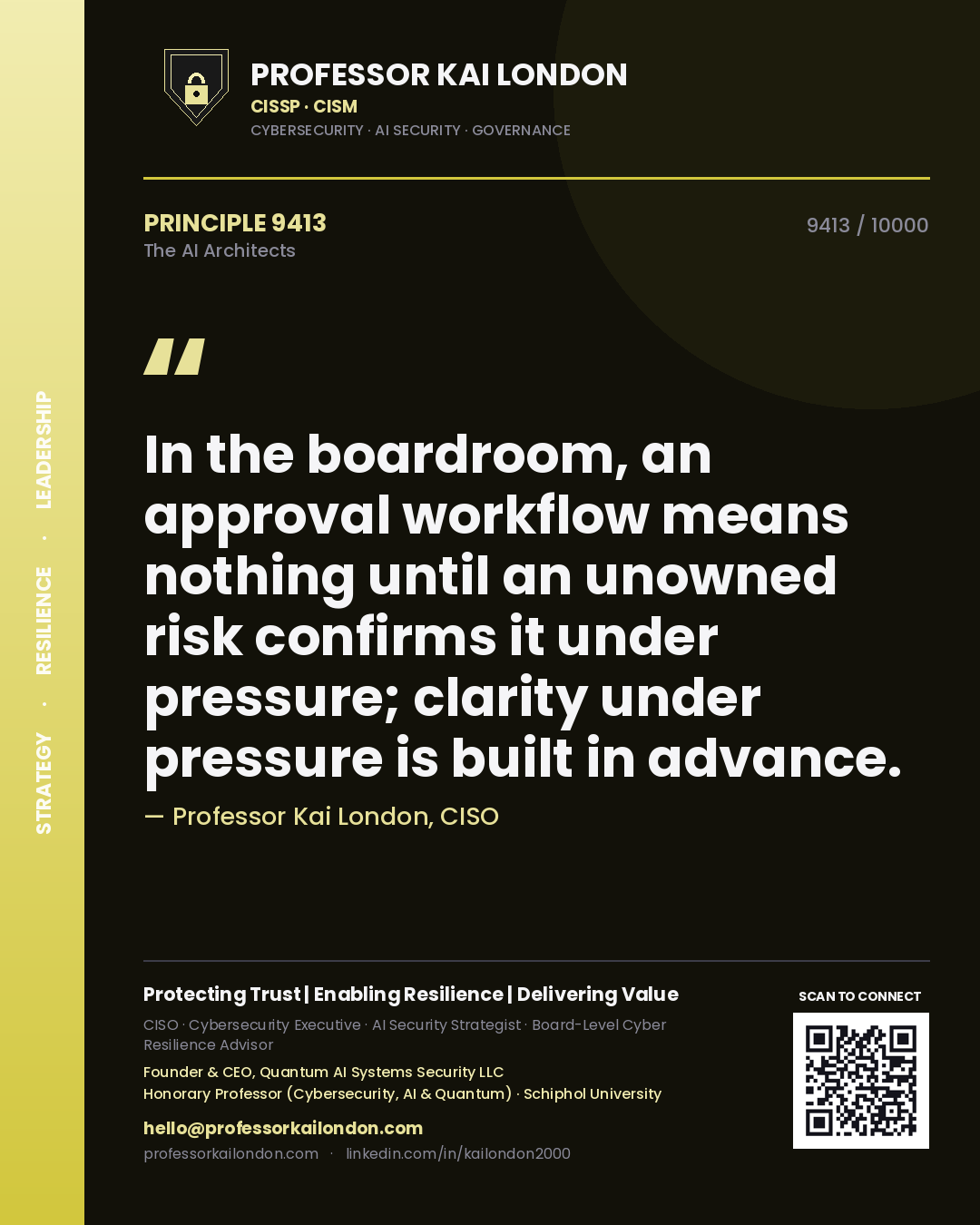 Quote card by Professor Kai London reading 'In the boardroom, an approval workflow means nothing until an unowned risk confirms it under pressure; clarity under pressure is built in advance.'. From the book The AI Architects.