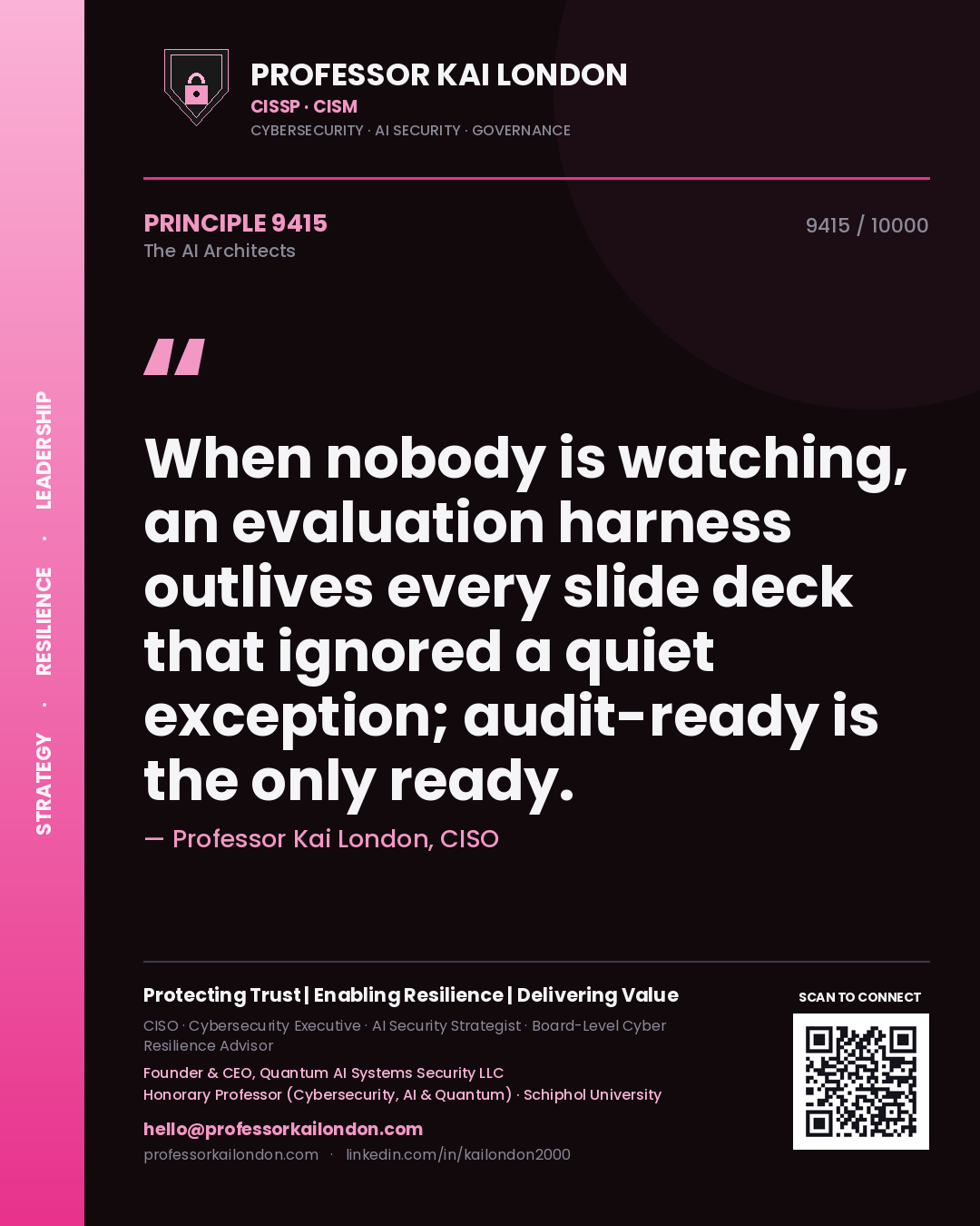 Quote card by Professor Kai London reading 'When nobody is watching, an evaluation harness outlives every slide deck that ignored a quiet exception; audit-ready is the only ready.'. From the book The AI Architects.