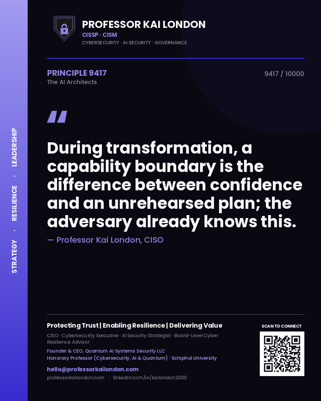 Quote card by Professor Kai London reading 'During transformation, a capability boundary is the difference between confidence and an unrehearsed plan; the adversary already knows this.'. From the book The AI Architects.