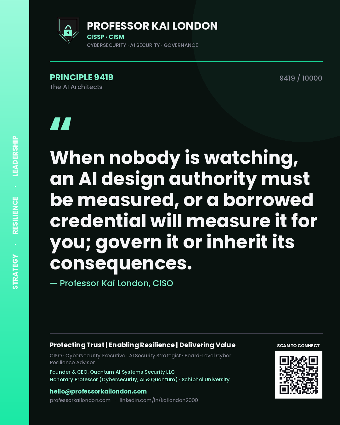 Quote card by Professor Kai London reading 'When nobody is watching, an AI design authority must be measured, or a borrowed credential will measure it for you; govern it or inherit its consequences.'. From the book The AI Architects.