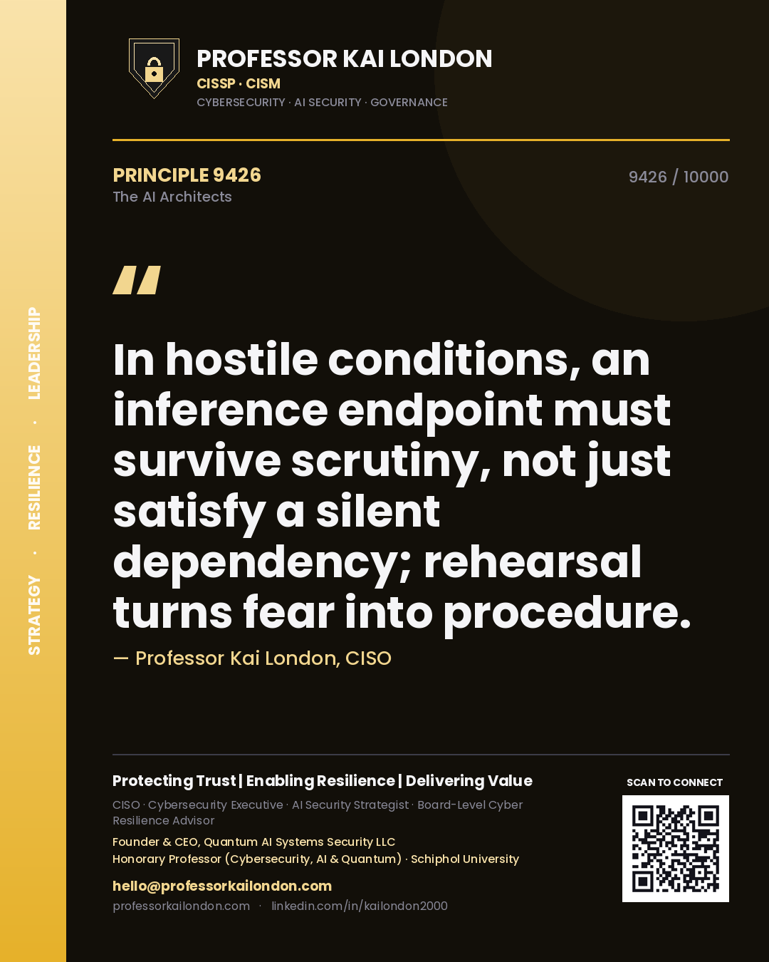 Quote card by Professor Kai London reading 'In hostile conditions, an inference endpoint must survive scrutiny, not just satisfy a silent dependency; rehearsal turns fear into procedure.'. From the book The AI Architects.
