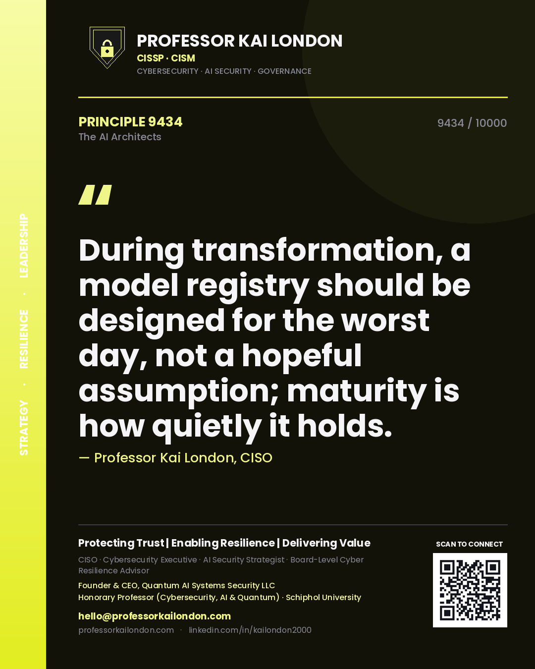 Quote card by Professor Kai London reading 'During transformation, a model registry should be designed for the worst day, not a hopeful assumption; maturity is how quietly it holds.'. From the book The AI Architects.