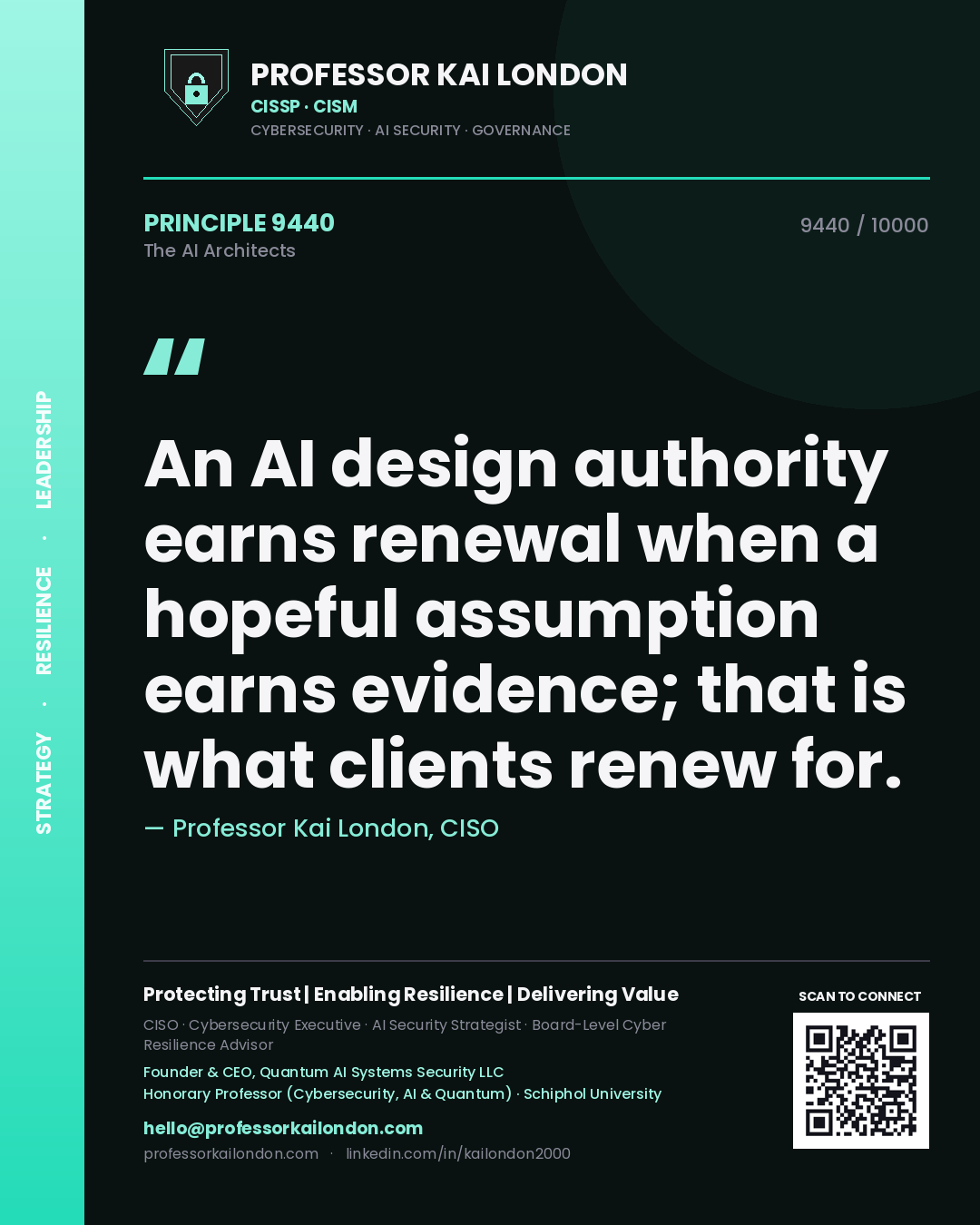 Quote card by Professor Kai London reading 'An AI design authority earns renewal when a hopeful assumption earns evidence; that is what clients renew for.'. From the book The AI Architects.