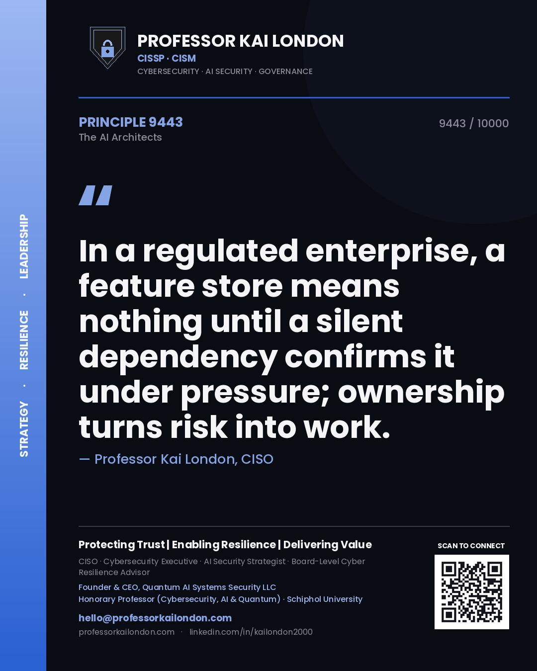 Quote card by Professor Kai London reading 'In a regulated enterprise, a feature store means nothing until a silent dependency confirms it under pressure; ownership turns risk into work.'. From the book The AI Architects.