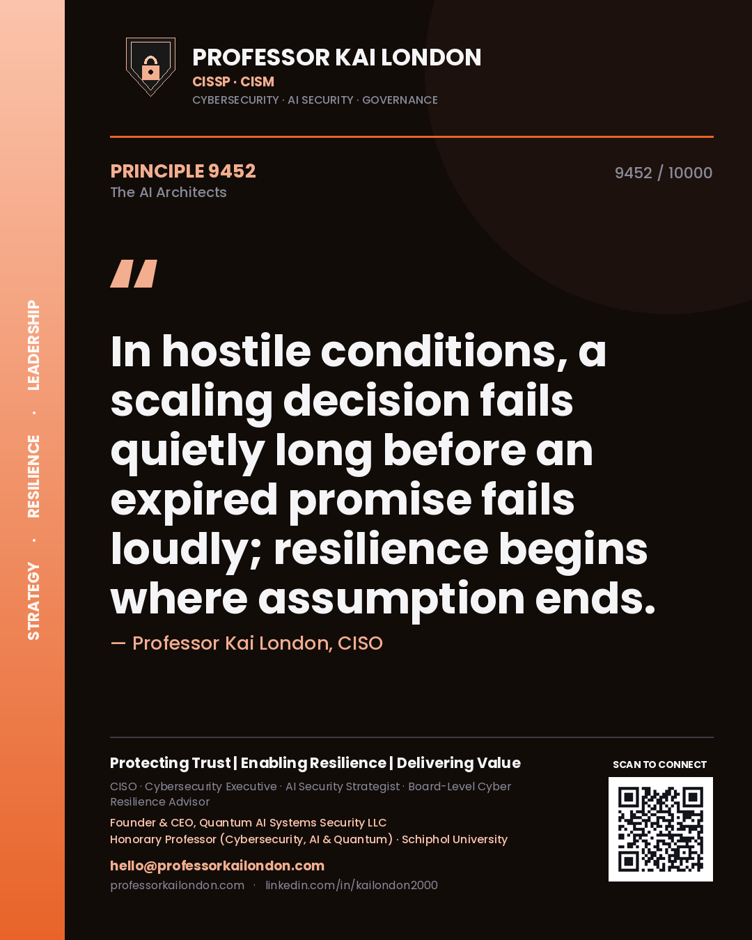 Quote card by Professor Kai London reading 'In hostile conditions, a scaling decision fails quietly long before an expired promise fails loudly; resilience begins where assumption ends.'. From the book The AI Architects.