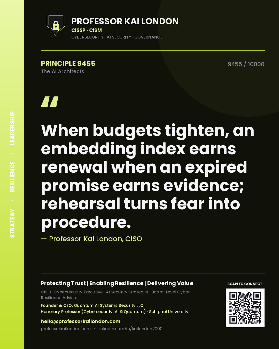 Quote card by Professor Kai London reading 'When budgets tighten, an embedding index earns renewal when an expired promise earns evidence; rehearsal turns fear into procedure.'. From the book The AI Architects.