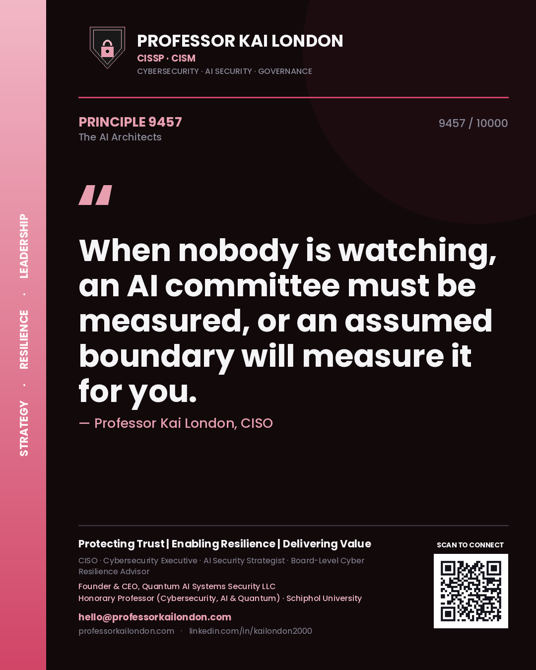 Quote card by Professor Kai London reading 'When nobody is watching, an AI committee must be measured, or an assumed boundary will measure it for you.'. From the book The AI Architects.
