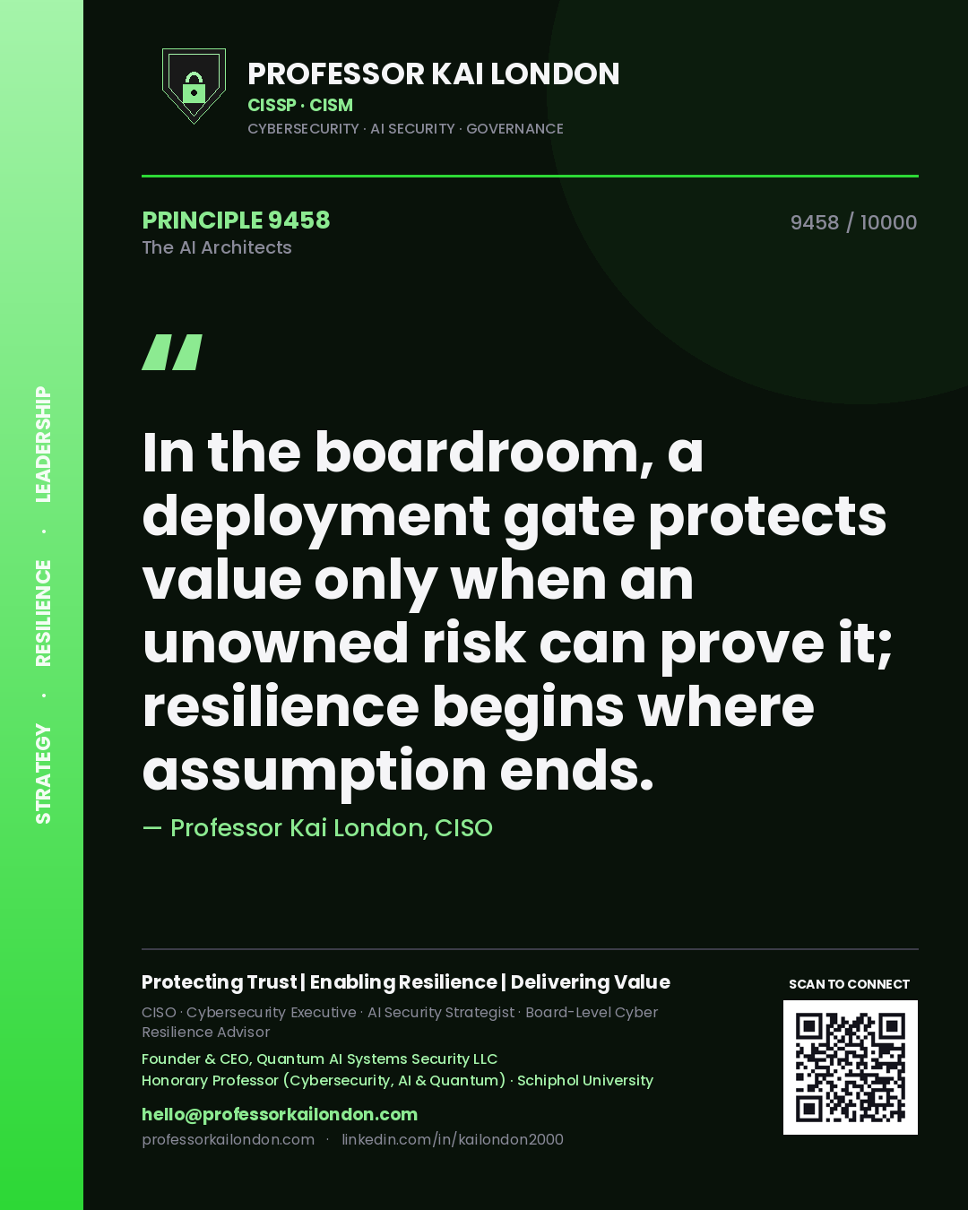 Quote card by Professor Kai London reading 'In the boardroom, a deployment gate protects value only when an unowned risk can prove it; resilience begins where assumption ends.'. From the book The AI Architects.