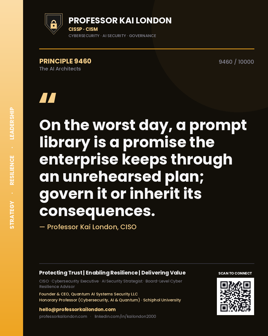 Quote card by Professor Kai London reading 'On the worst day, a prompt library is a promise the enterprise keeps through an unrehearsed plan; govern it or inherit its consequences.'. From the book The AI Architects.