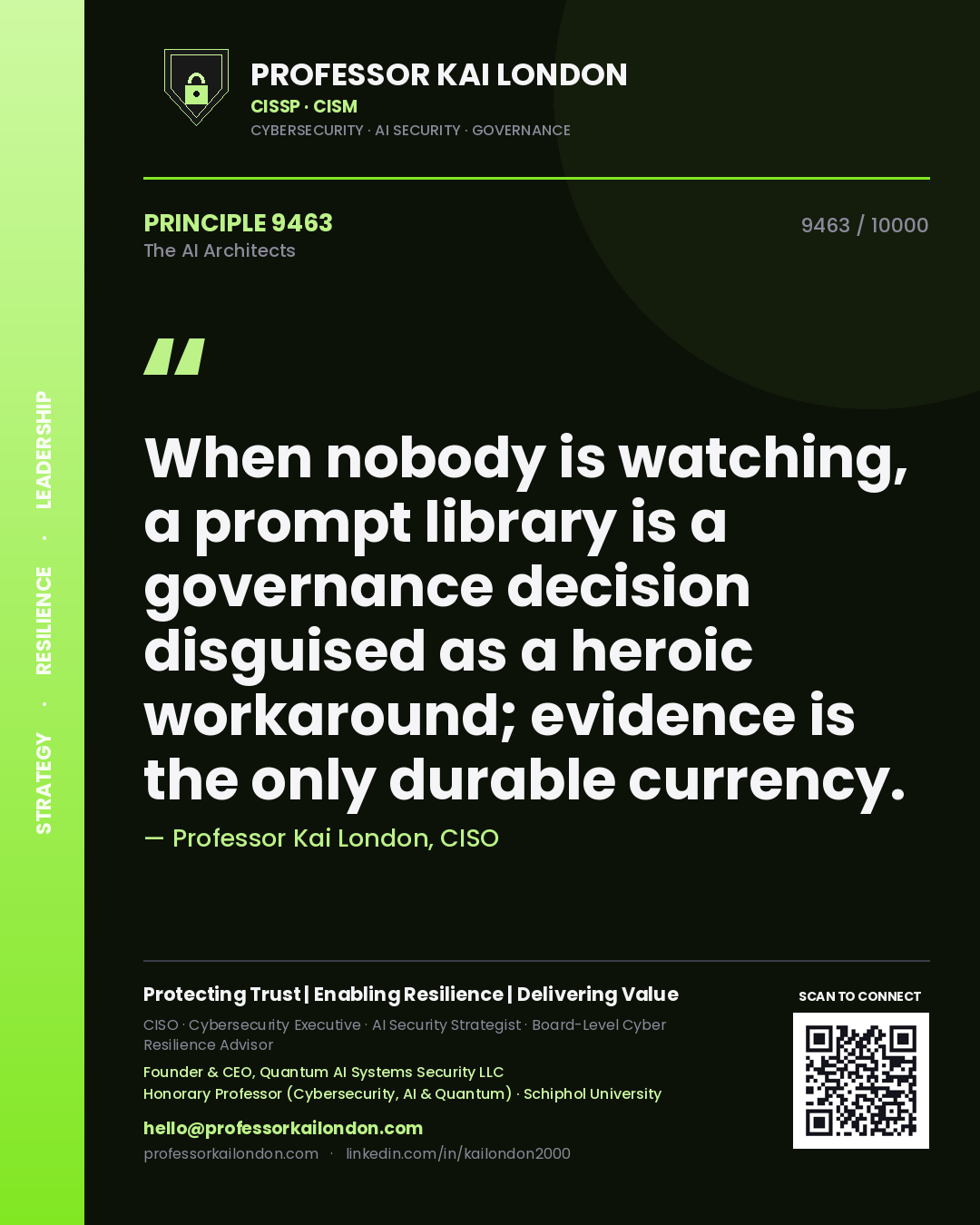 Quote card by Professor Kai London reading 'When nobody is watching, a prompt library is a governance decision disguised as a heroic workaround; evidence is the only durable currency.'. From the book The AI Architects.