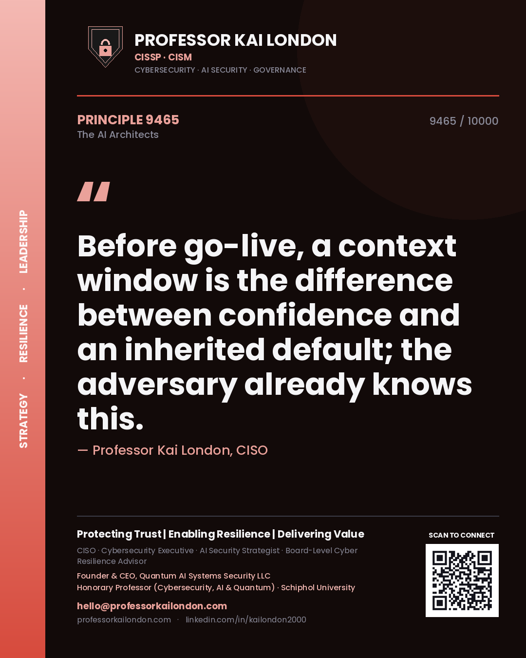 Quote card by Professor Kai London reading 'Before go-live, a context window is the difference between confidence and an inherited default; the adversary already knows this.'. From the book The AI Architects.