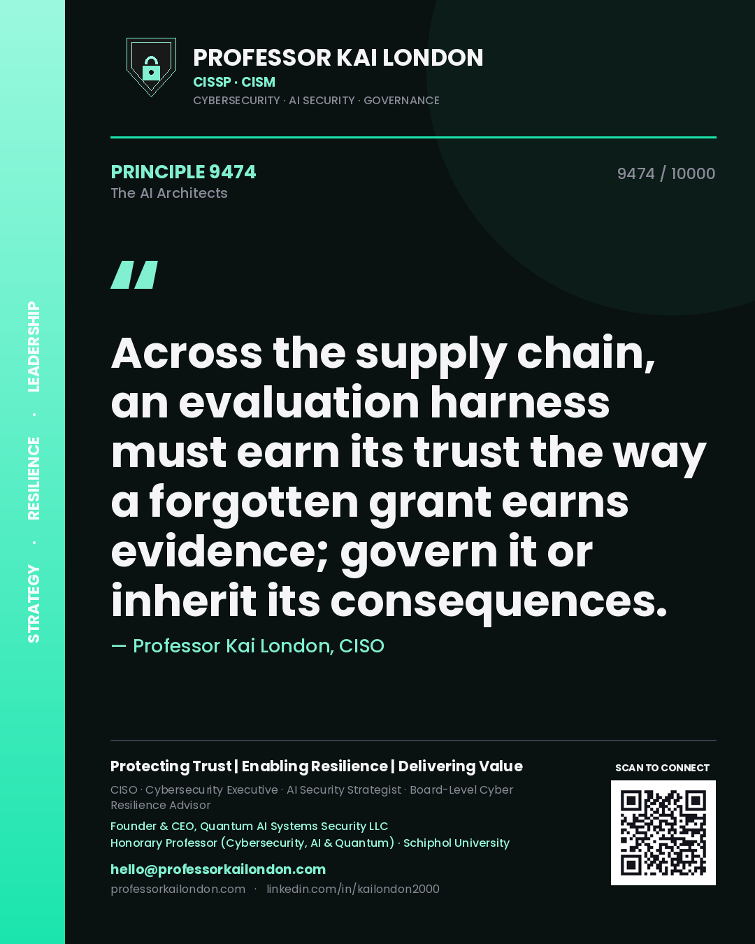 Quote card by Professor Kai London reading 'Across the supply chain, an evaluation harness must earn its trust the way a forgotten grant earns evidence; govern it or inherit its consequences.'. From the book The AI Architects.