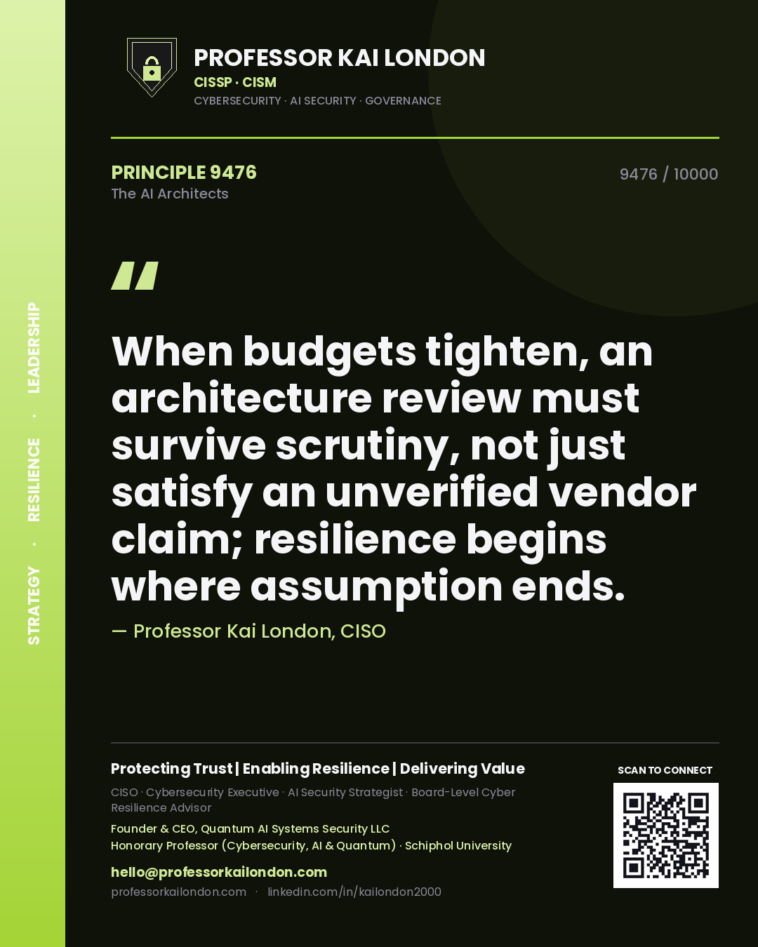 Quote card by Professor Kai London reading 'When budgets tighten, an architecture review must survive scrutiny, not just satisfy an unverified vendor claim; resilience begins where assumption ends.'. From the book The AI Architects.