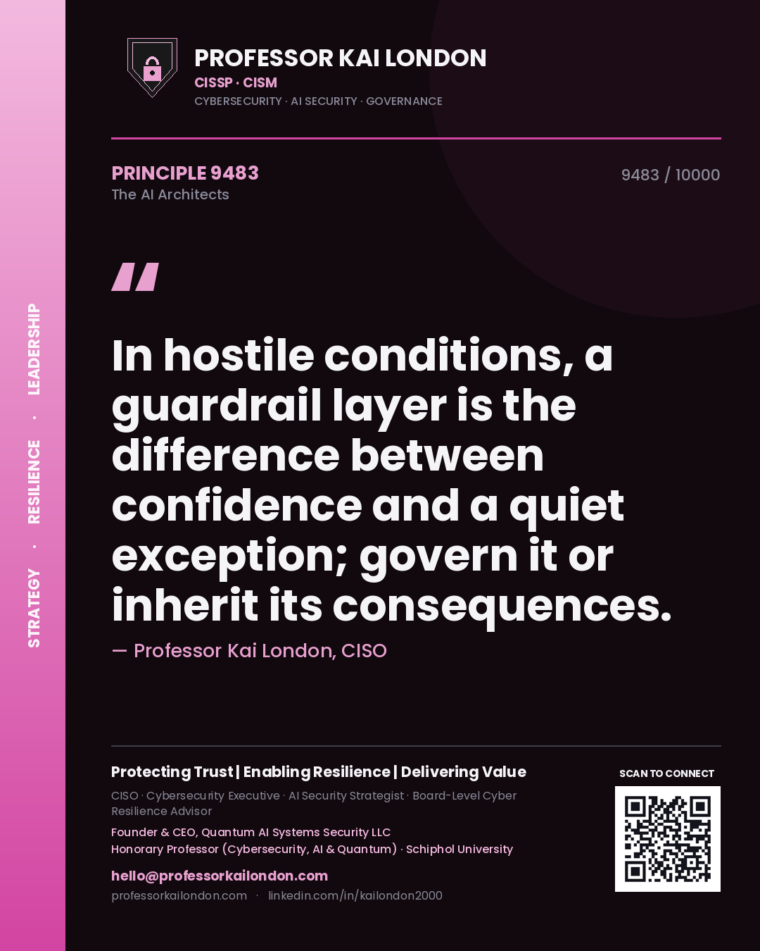 Quote card by Professor Kai London reading 'In hostile conditions, a guardrail layer is the difference between confidence and a quiet exception; govern it or inherit its consequences.'. From the book The AI Architects.