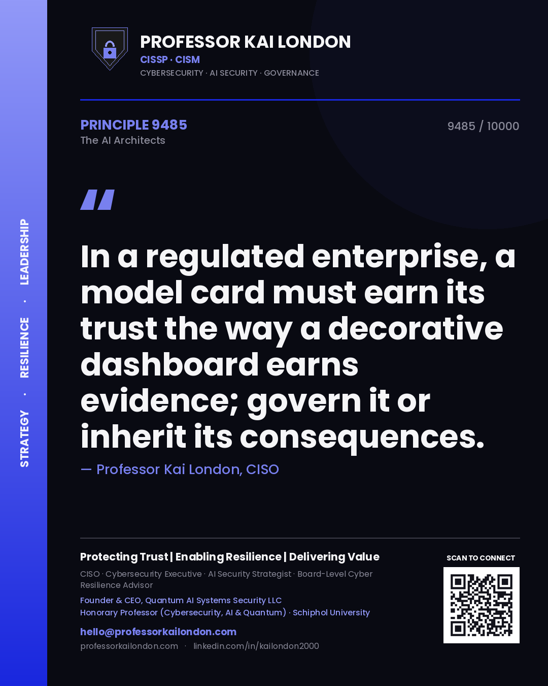 Quote card by Professor Kai London reading 'In a regulated enterprise, a model card must earn its trust the way a decorative dashboard earns evidence; govern it or inherit its consequences.'. From the book The AI Architects.